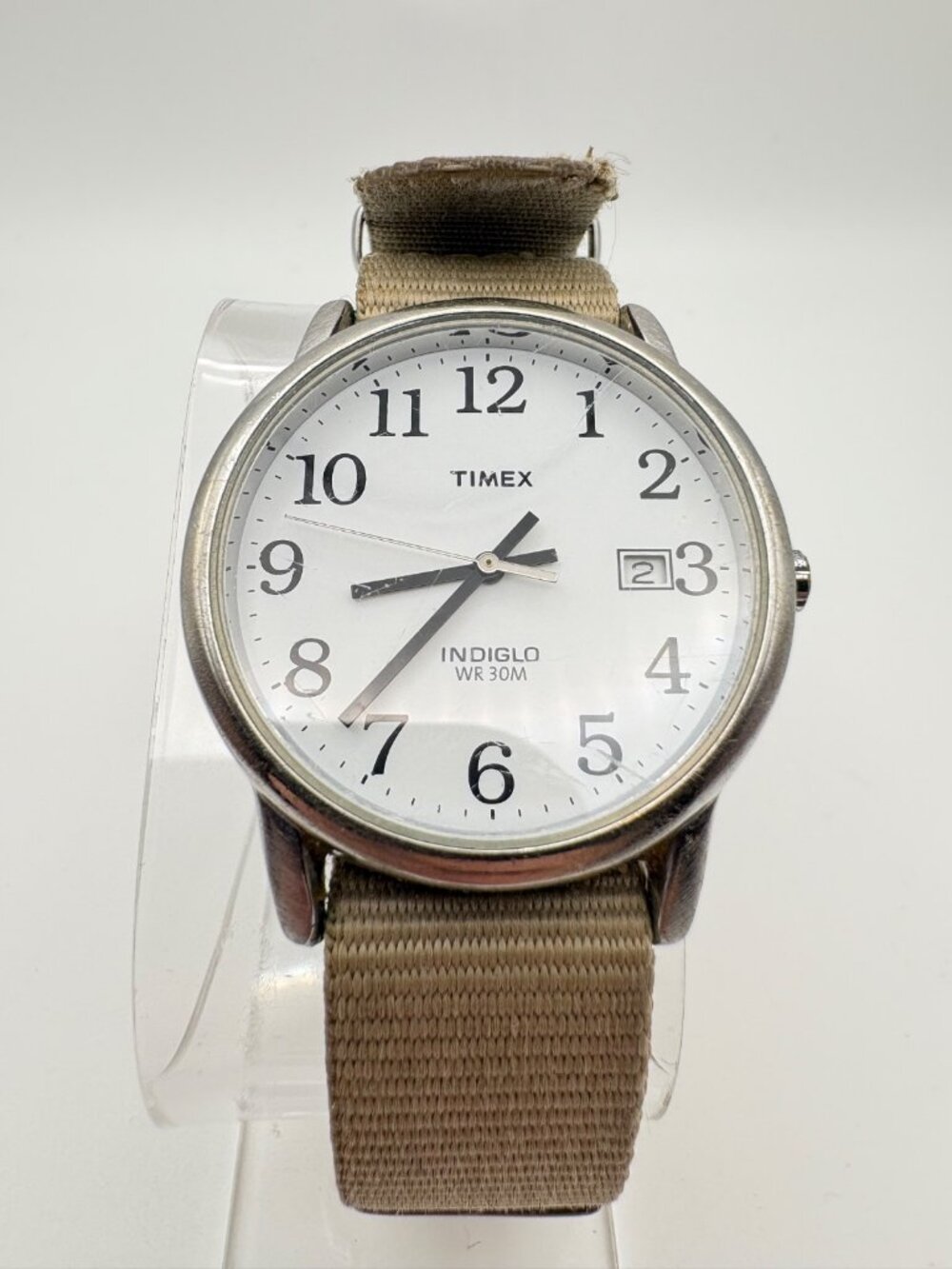 Timex Indiglo WR 30M Men Watch White Dial Date Tan Nylon Canvas Strap Working